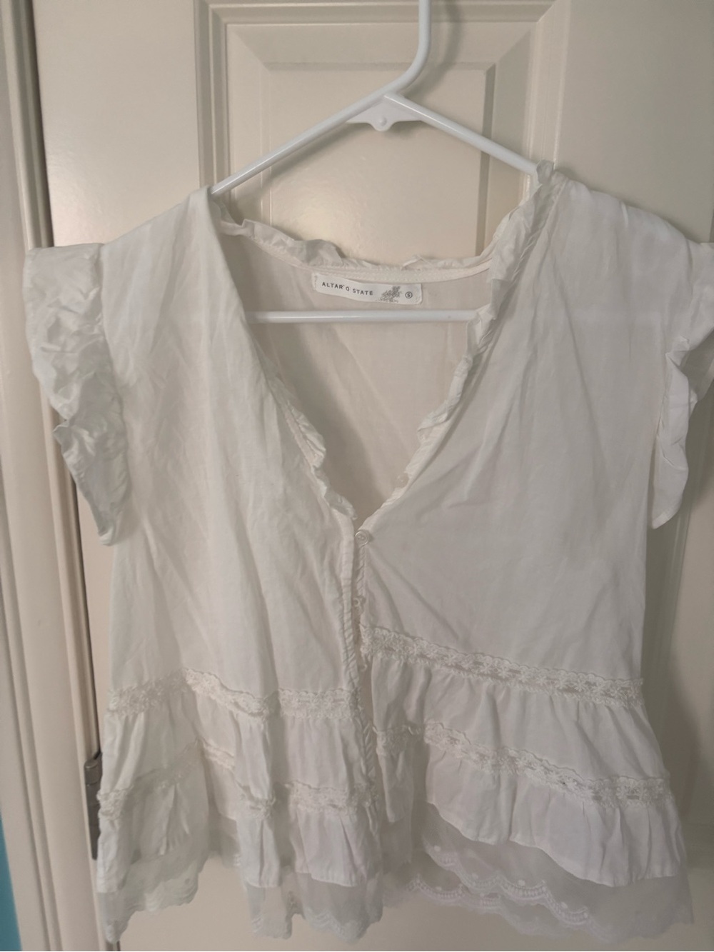 Altar'd State White Ruffle-Trim Peplum Tunic